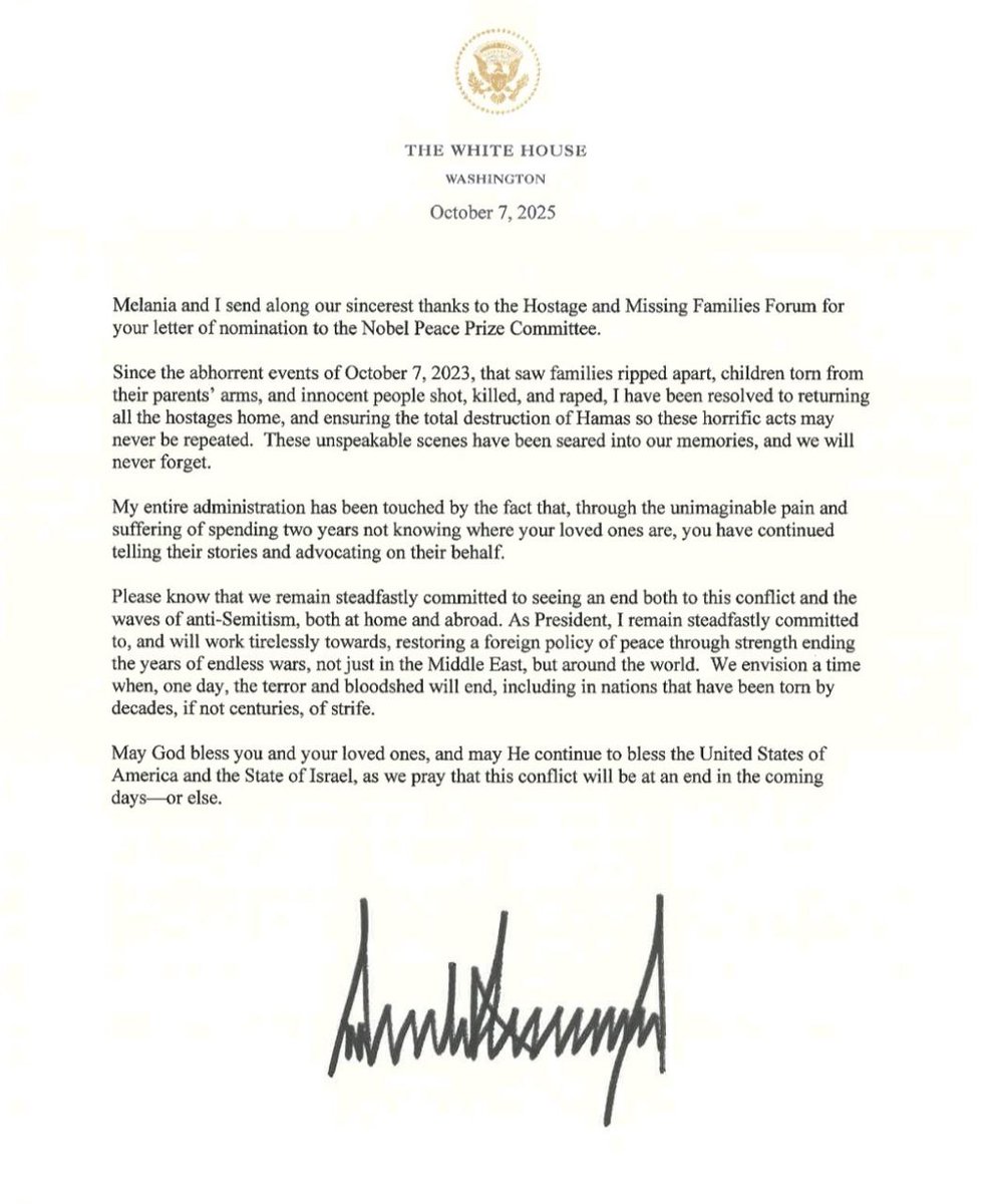 President Trump sent a letter today to the hostages families forum and stressed he is resolved and committed to bring their loved ones home and end the war in Gaza in the coming days