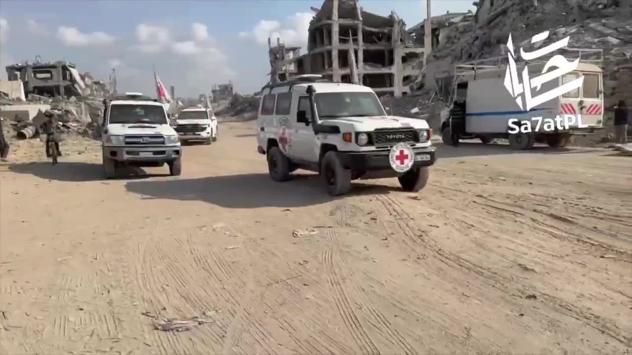 A team from the Red Cross, accompanied by Hamas operatives, crossed the Yellow Line into the Israeli army-controlled area east of Gaza City to search for the bodies of hostages