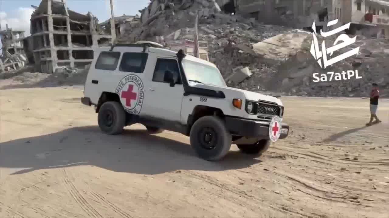 A team from the Red Cross, accompanied by Hamas operatives, crossed the Yellow Line into the Israeli army-controlled area east of Gaza City to search for the bodies of hostages