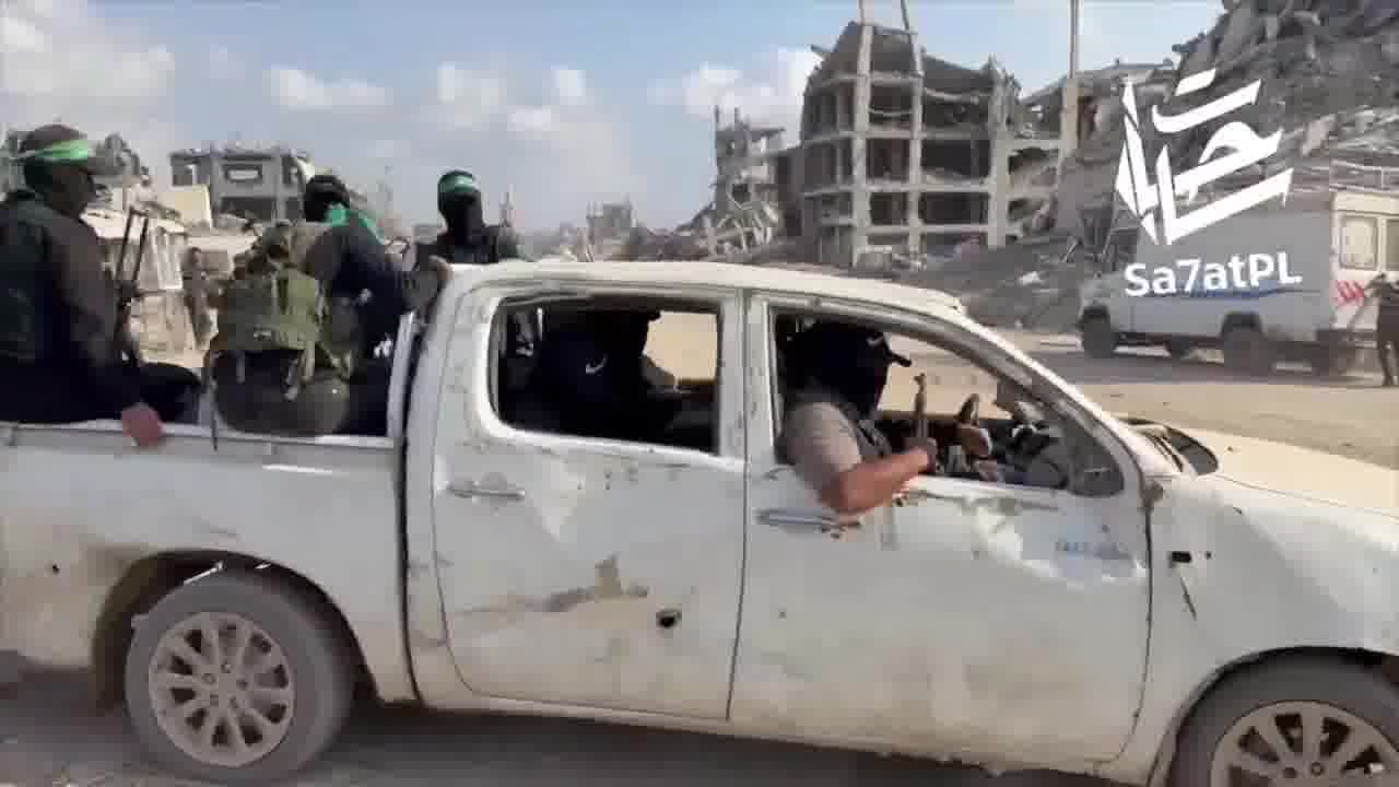 A team from the Red Cross, accompanied by Hamas operatives, crossed the Yellow Line into the Israeli army-controlled area east of Gaza City to search for the bodies of hostages