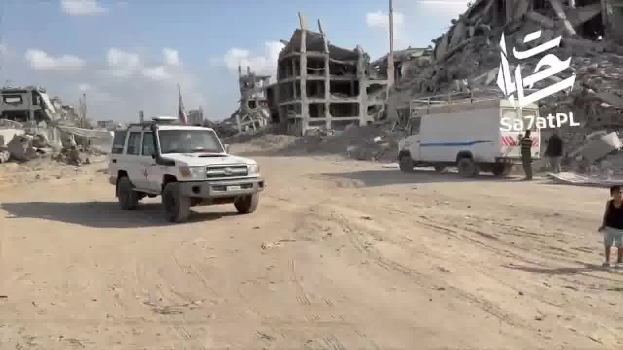 A team from the Red Cross, accompanied by Hamas operatives, crossed the Yellow Line into the Israeli army-controlled area east of Gaza City to search for the bodies of hostages