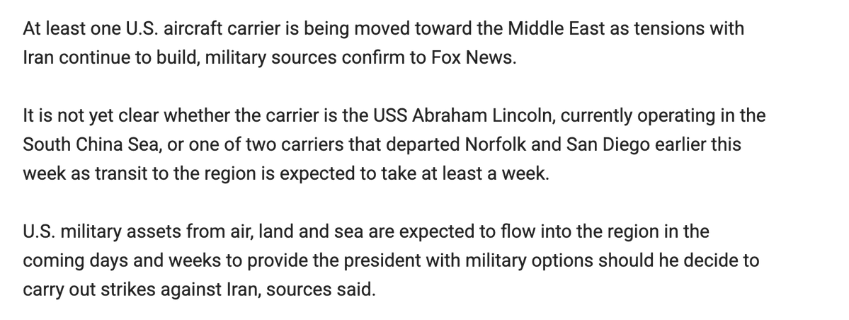 Fox News on military movement to the Middle East: - At least one aircraft carrier en route - U.S. military assets from air, land and sea expected to flow into the region in coming days & weeks - Missile defense systems expected to be sent to protect Israel and US bases