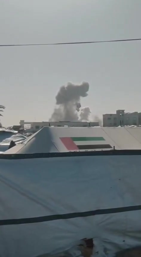 The moment a drone bombed the administration building of the Ghaith camp, east of the Al-Ribat College intersection in Mawasi Khan Yunis.