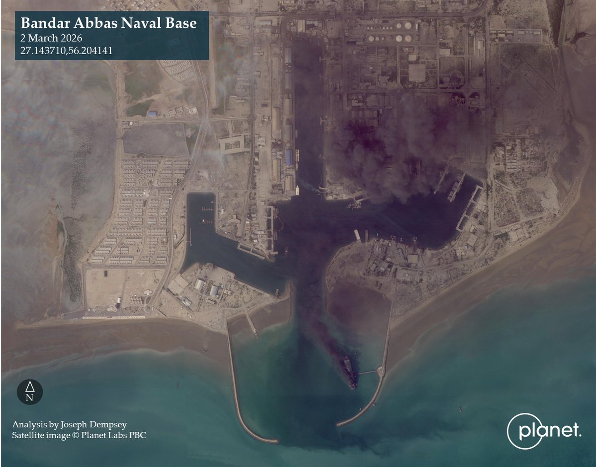 Satellite imagery from @Planet shows Bandar Abbas naval base in Iran partially covered in black smoke following reported strikes