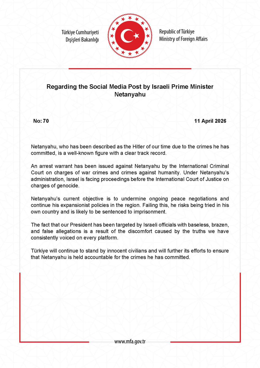 Turkish Foreign Ministry: Regarding the Social Media Post by Israeli Prime Minister Netanyahu. Turkey now calling Netanyahu Adolf Hitler and announcing criminal charges.