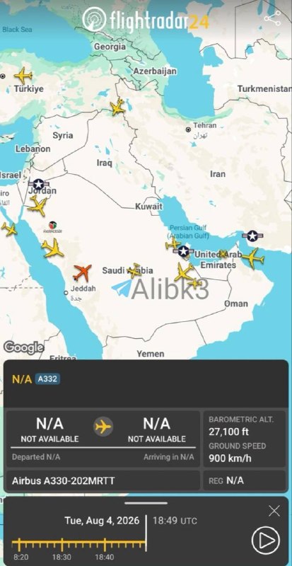 An E-3G airborne early warning and control aircraft takes off, coinciding with the takeoff of refueling aircraft from US military bases in Saudi Arabia and Israel.