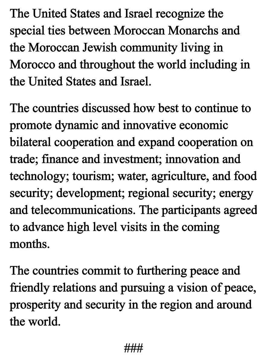 Full Statement by US, Israel and Morocco: It says Morocco and Israel confirmed their agreement regarding the elevation of the diplomatic missions between Morocco and Israel to full embassies and the exchange of ambassadors