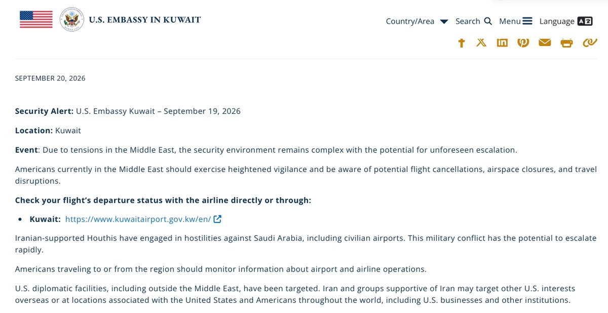 Security warning by @StateDept for the following countries: UAE, Israel, Bahrain, Jordan, Kuwait, Iraq, Lebanon, Qatar. Iranian-supported Houthis have engaged in hostilities against Saudi Arabia, including attacks on civilian airports and other critical infrastructure resulting in civilian casualties and severe travel disruptions. The hostilities have the potential to escalate rapidly beyond that immediate area. Americans traveling to or from the Middle East should monitor information about airport and airline operations and develop contingency plans in advance. Iran and groups supportive of Iran may target other U.S. interests overseas or at locations associated with the United States and Americans throughout the world, including U.S. businesses and other institutions